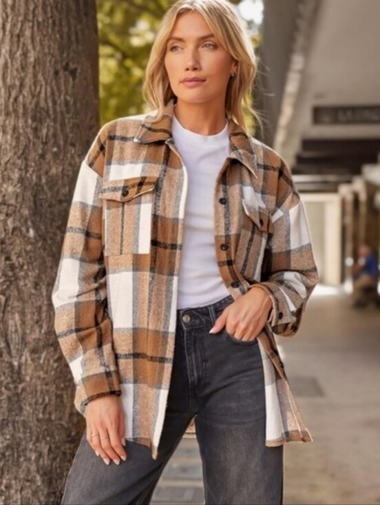 Automet Tops - NWT Automet Women's Plaid Flannel Shirt Shacket Jacket - Tan & White Large